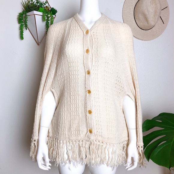 Vintage Cream Poncho Fringe Cardigan - Picture 3 of 7